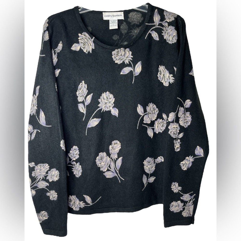 Cathy Daniels Black with Rose‎ Pattern Long Sleeve Pullover Womens Large Sweater